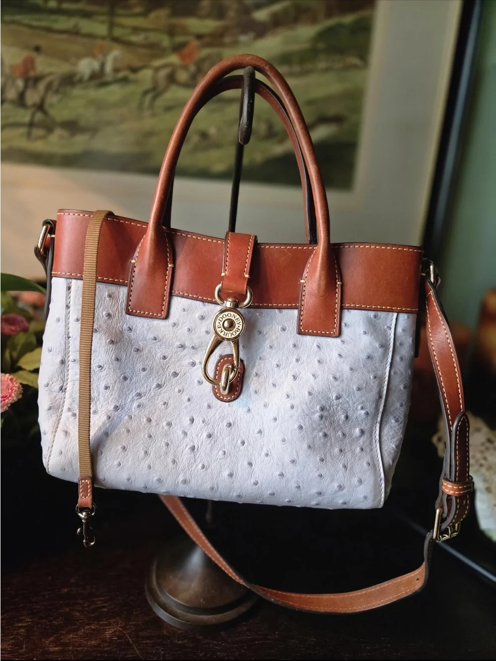 Dooney & Bourke
Beautiful light blue Ostrich 
Leather Satchel with Brown Triim - Picture 9 of 16